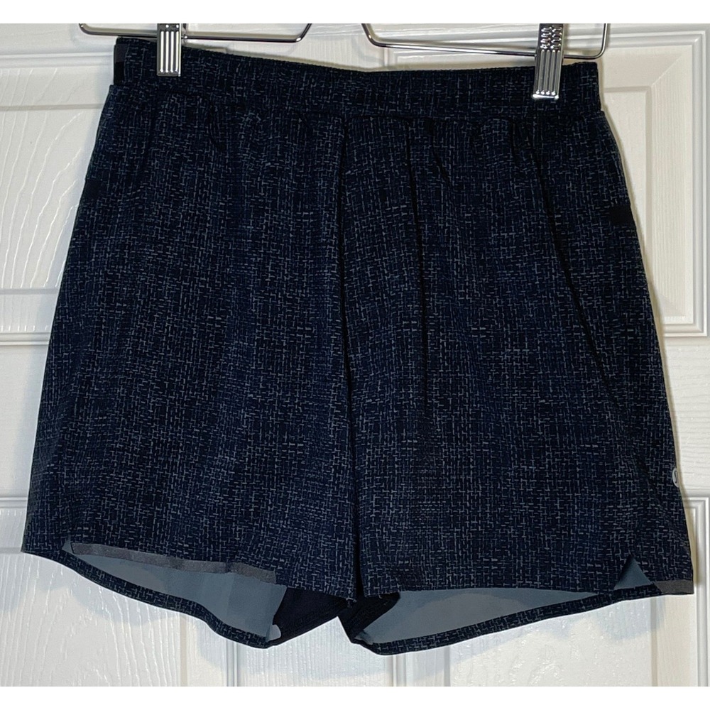 Lululemon Mens Surge Running Shorts Grid Pattern Grey Black Size S Zipper Pocket